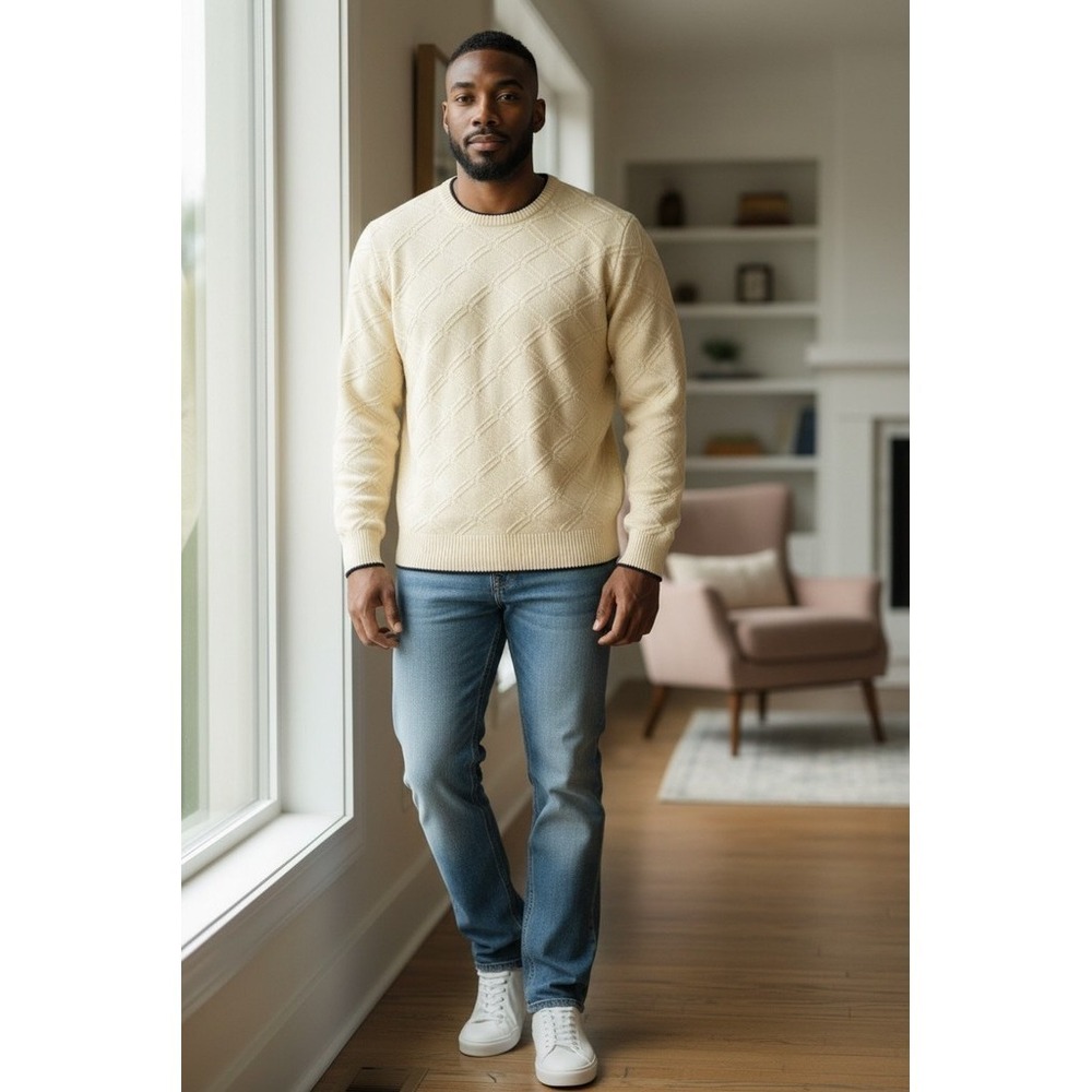 Isle Cotton Sweater Men L Ivory Diamond Knit Crew Neck Pullover Golf grandpacore